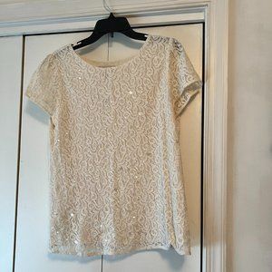 Ann Taylor LOFT Off White Lace Blouse Sequin Disks - Fully Lined - M